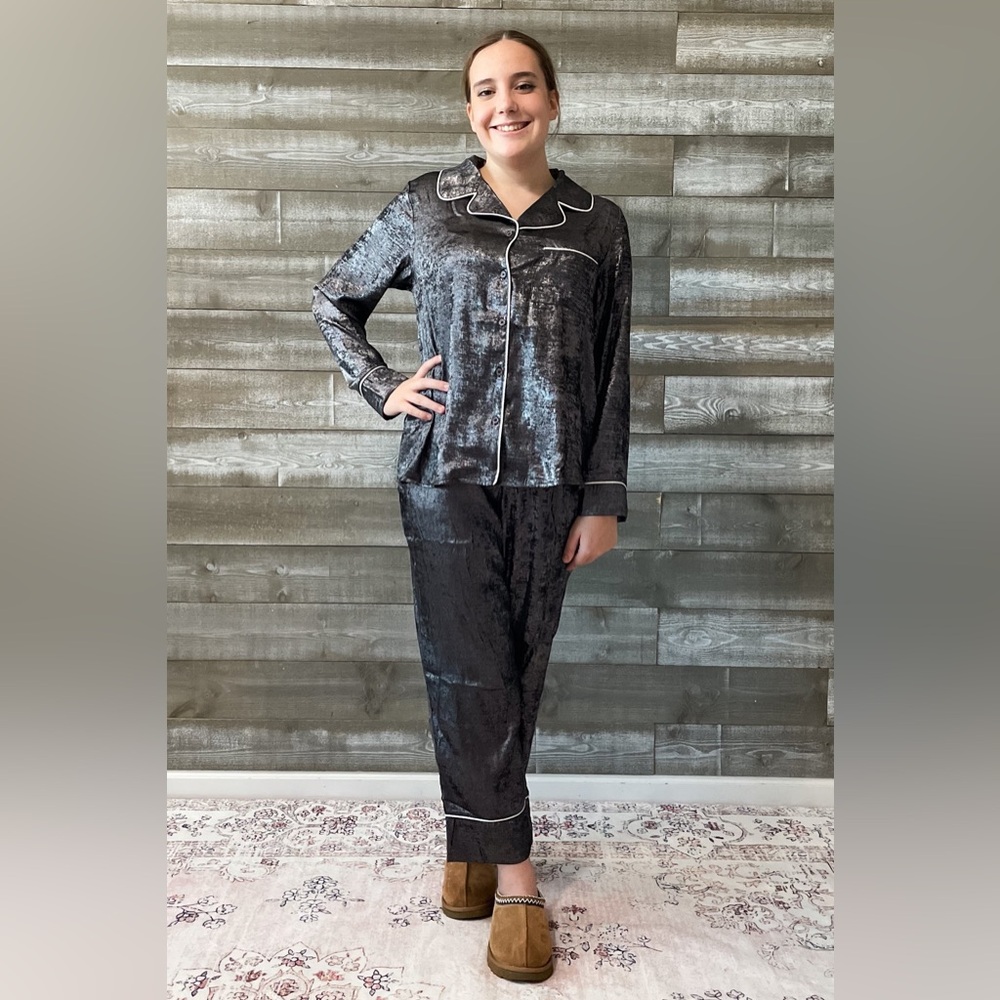 jodifl silver metallic pajama sleepwear set trim G12066 long sleeve loungewear
